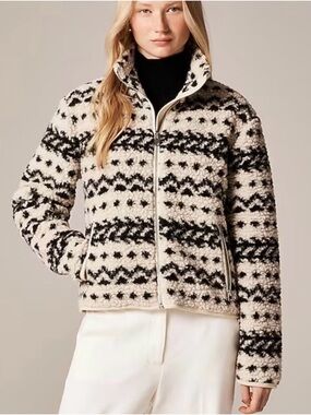 J. Crew Black and Cream Patterned Teddy Zip Jacket, Size XS